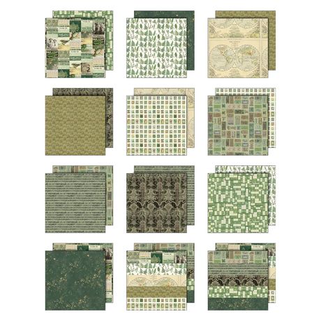 Tim Holtz Idea-ology Palette Collection Green 12x12 paper pack featuring 12 double-sided sheets with vintage botanical and forest green textures.