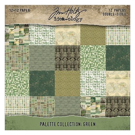 Tim Holtz Idea-ology Palette Collection Green 12x12 paper pack featuring 12 double-sided sheets with vintage botanical and forest green textures.