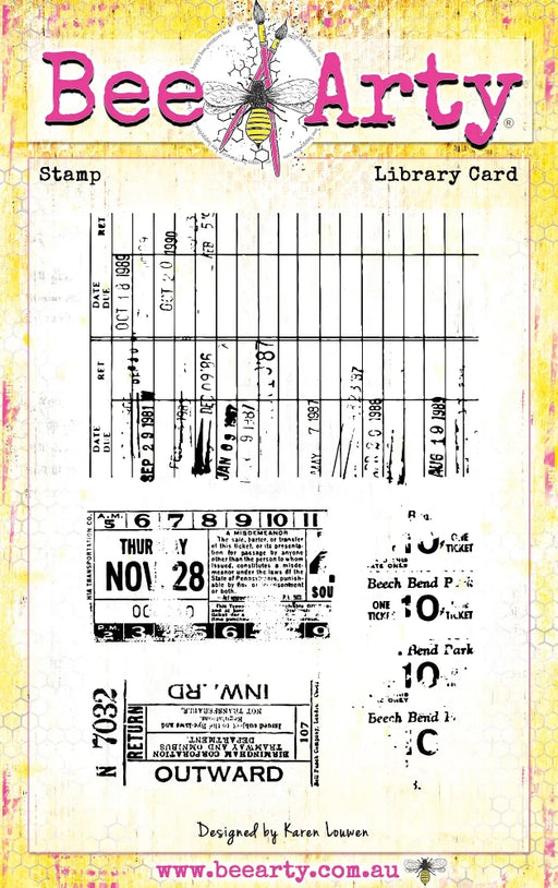 Bee Arty Addicted to Grunge collection Library Card clear stamp set designed by Karen Louwen, featuring vintage library due date cards and distressed ticket stubs for journaling.