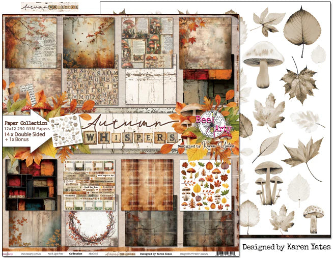 Bee Arty Autumn Whispers paper collection with bonus neutral mushroom and leaf illustration sheet