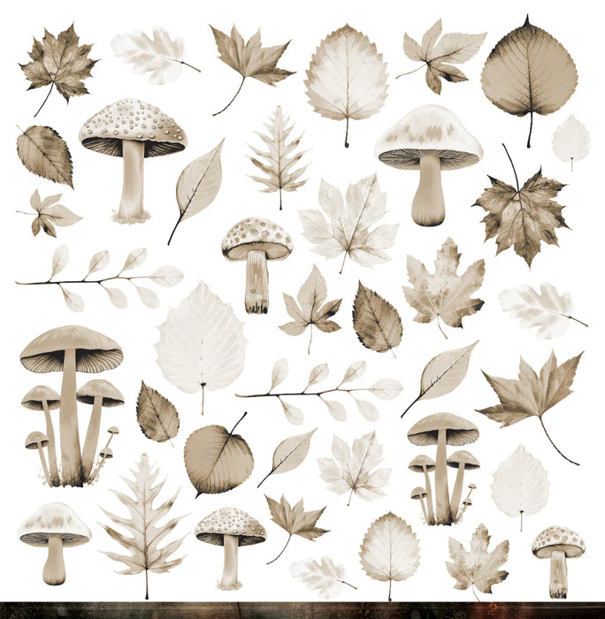 Close-up of Bee Arty Autumn Whispers bonus sheet featuring watercolour mushrooms and autumn leaves in neutral tones