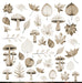 Close-up of Bee Arty Autumn Whispers bonus sheet featuring watercolour mushrooms and autumn leaves in neutral tones