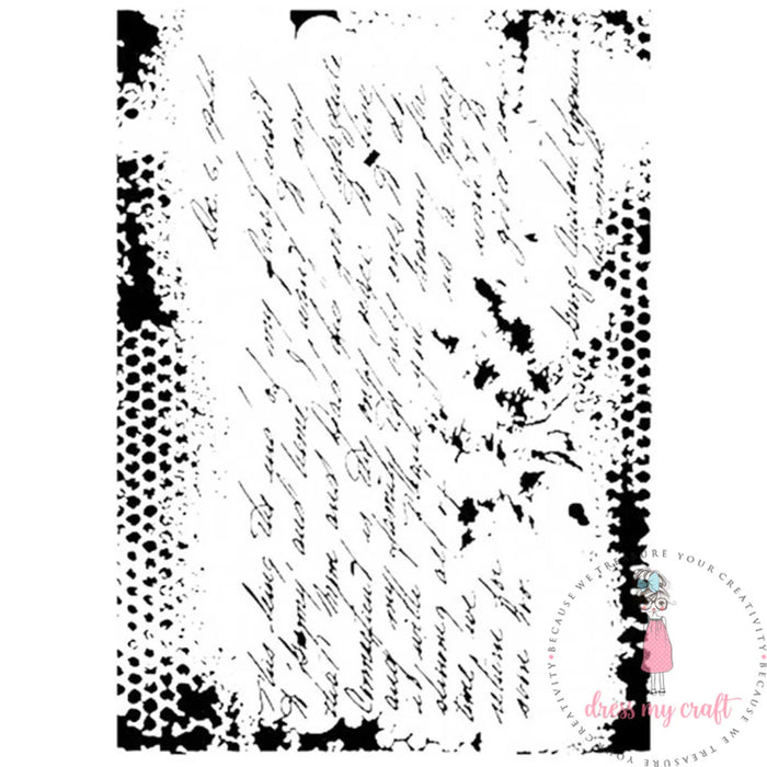 Dress My Craft Mixed Media Stencil showing vintage cursive script with distressed ink splatter border