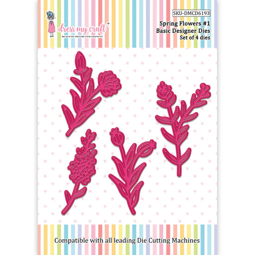 Product packaging for Dress My Craft Spring Flowers #1 Basic Designer Dies, showing four pink floral-shaped metal dies against a white background with a rainbow-striped border.