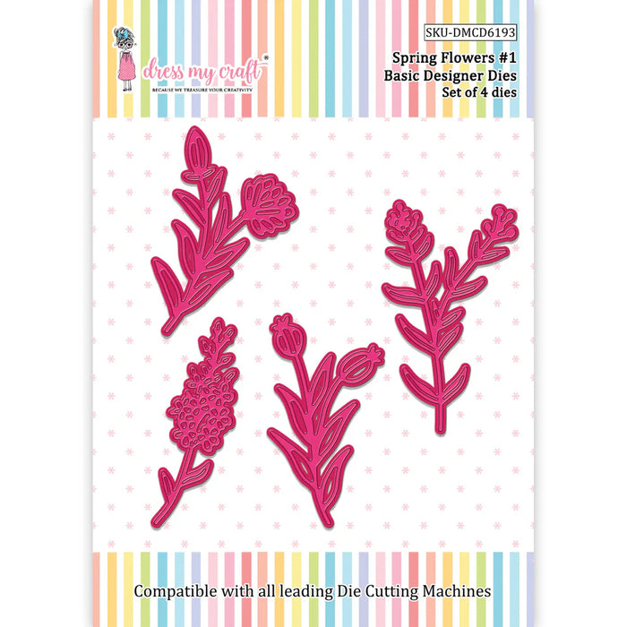 Product packaging for Dress My Craft Spring Flowers #1 Basic Designer Dies, showing four pink floral-shaped metal dies against a white background with a rainbow-striped border.
