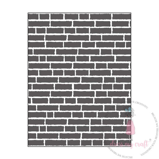 A black and white digital preview of the Dress My Craft Brick Wall Embossing Folder design, featuring an offset pattern of rectangular bricks with realistic, slightly uneven mortar lines.