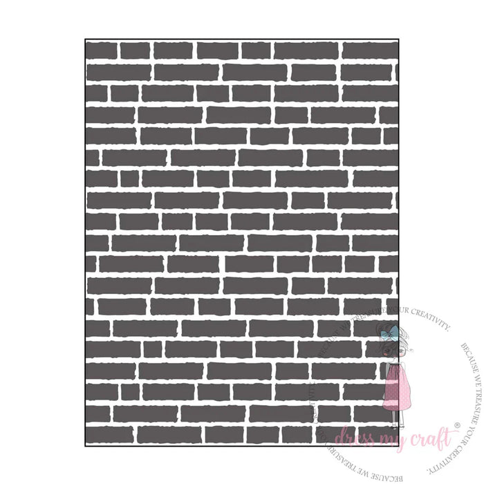 A black and white digital preview of the Dress My Craft Brick Wall Embossing Folder design, featuring an offset pattern of rectangular bricks with realistic, slightly uneven mortar lines.