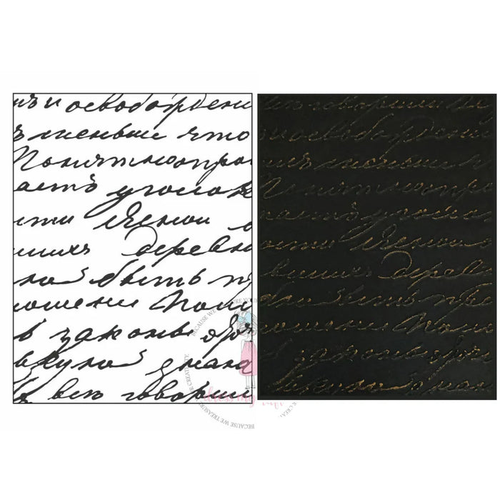 A black and white digital preview of the Dress My Craft Vintage Script Pattern Embossing Folder design, featuring an offset pattern vintage script