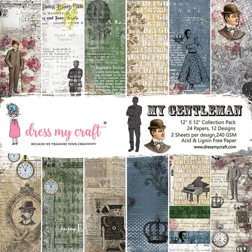 Dress My Craft My Gentleman 12x12 collection pack showing single-sided vintage paper designs with pocket watches, crowns, pianos, and Victorian gentlemen in green, blue, and sepia.