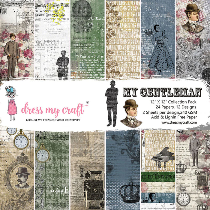 Dress My Craft My Gentleman 12x12 collection pack showing single-sided vintage paper designs with pocket watches, crowns, pianos, and Victorian gentlemen in green, blue, and sepia.