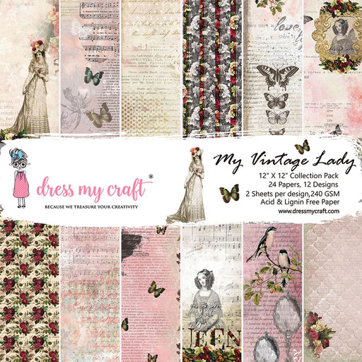 Dress My Craft My Vintage Lady 12x12 collection pack showing single-sided paper designs with Victorian ladies, butterflies, pink roses, and vintage sheet music.