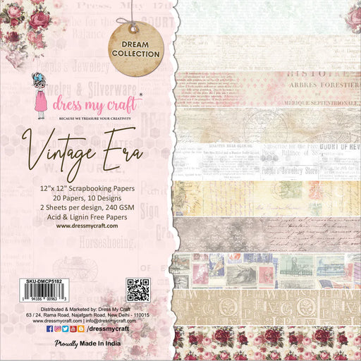 Dress My Craft Vintage Era 12x12 collection pack showing single-sided paper designs with antique postage stamps, vintage newspaper print, roses, and old-world maps.