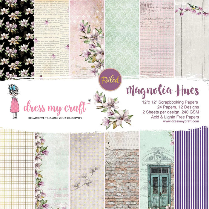 Product cover for Dress My Craft Magnolia Hues 12x12 paper pack, showing various designs including purple magnolias, rustic brick, stripes, and golden grids.