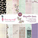 Product cover for Dress My Craft Magnolia Hues 12x12 paper pack, showing various designs including purple magnolias, rustic brick, stripes, and golden grids.