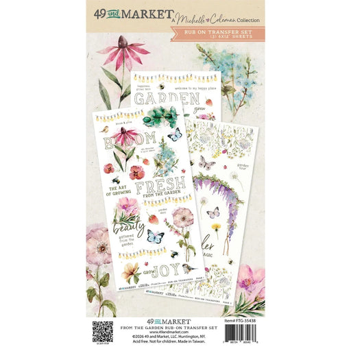 49 and Market "From the Garden" Rub-on Transfer Set featuring three 6×12 inch sheets with watercolor flowers, butterflies, and garden-themed text sentiments.