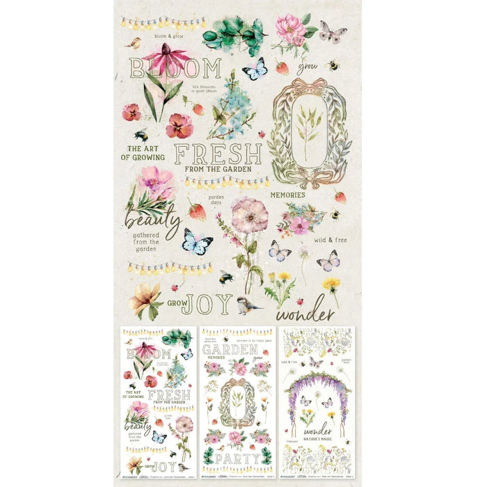 49 and Market "From the Garden" Rub-on Transfer Set featuring three 6×12 inch sheets with watercolor flowers, butterflies, and garden-themed text sentiments.