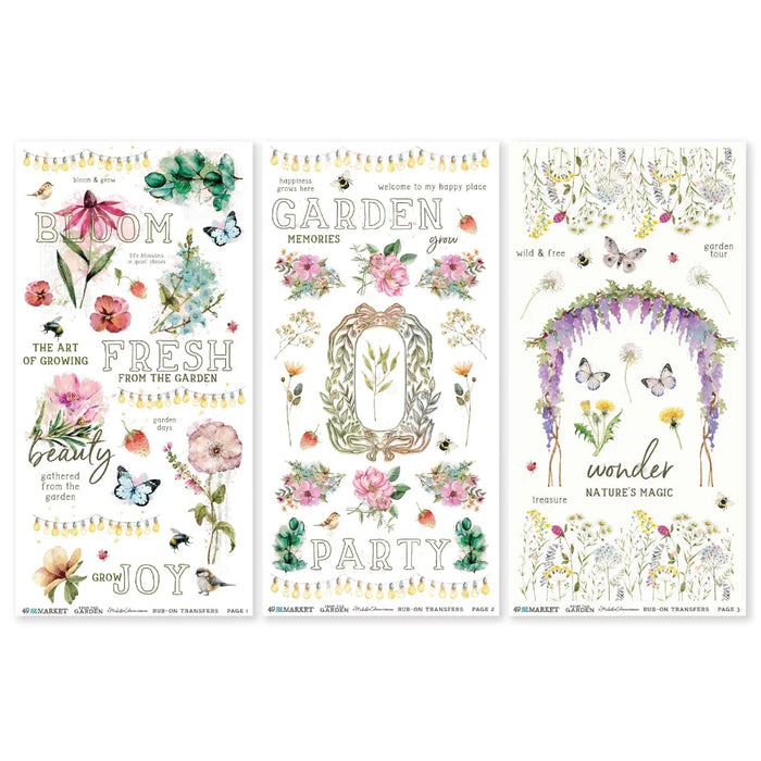 49 and Market "From the Garden" Rub-on Transfer Set featuring three 6×12 inch sheets with watercolor flowers, butterflies, and garden-themed text sentiments.