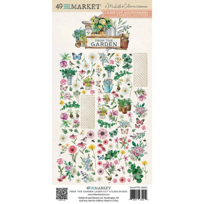 49 & Market From The Garden Laser Cut Wildflowers packaging showing 4 sheets with botanical pieces including florals, butterflies, bees, and garden elements