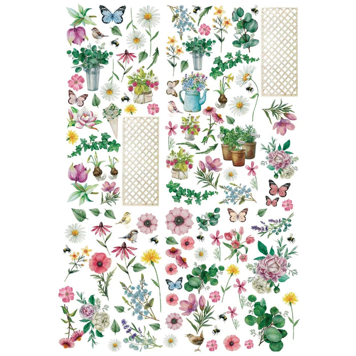 49 & Market From The Garden Laser Cut Wildflowers sheet detail showing watercolour wildflowers, potted plants, butterflies, birds, bees, and trellis die-cut embellishments