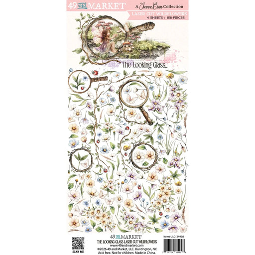 49 and Market "The Looking Glass" Laser Cut Wildflowers set featuring four sheets of precision-cut botanical elements, including lavender-toned flowers, green vines, and circular twig frames.