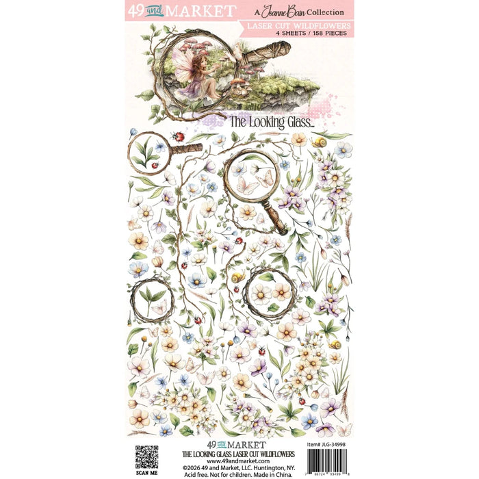 49 and Market "The Looking Glass" Laser Cut Wildflowers set featuring four sheets of precision-cut botanical elements, including lavender-toned flowers, green vines, and circular twig frames.