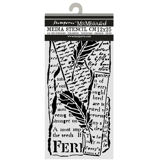Stamperia MixMediaArt stencil KSTDL159 featuring feather design overlaid on vintage newspaper and handwritten script text, 12x25cm