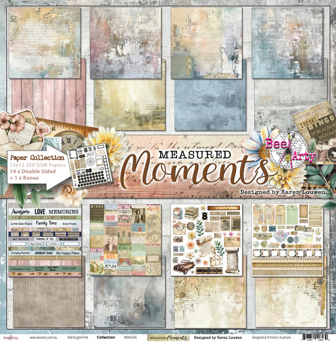 Measured Moments Paper Collection of scrapbooking papers and embellishments with 'Measured Moments' branding.