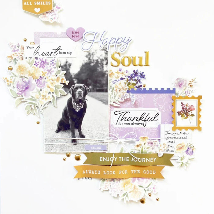Scrapbook page using The Pinkfresh Studio Garden Bouquet stencil and die