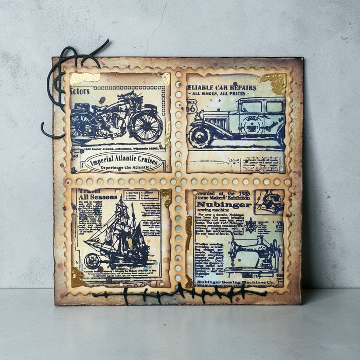 "AALL & Create TP 1343 Global Gazette – stamped sample on mixed media project"