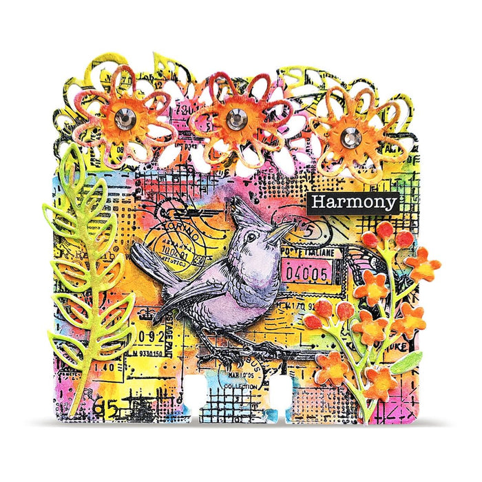 AALL & Create A7 Acrylic Stamp – Song from Torino. Colorful art piece with a bird and floral elements on a white background