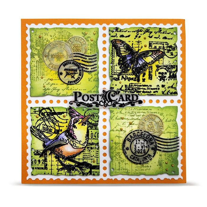 AALL & Create A7 Acrylic Stamp – Song from Torino. Decorative postcard with vintage-style stamps featuring a butterfly, bird, and other elements on an orange border.