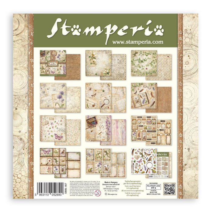 Stamperia All Around 12x12 inch paper pad cover showing previews of ten double-sided papers featuring watercolor botanical, butterfly, bird, and lizard illustrations.