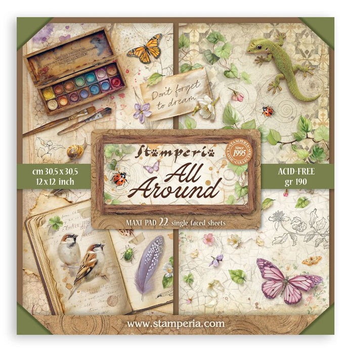 Stamperia All Around 12x12 inch Maxi Paper Pad cover featuring botanical, butterfly, and lizard illustrations for scrapbooking and cardmaking.