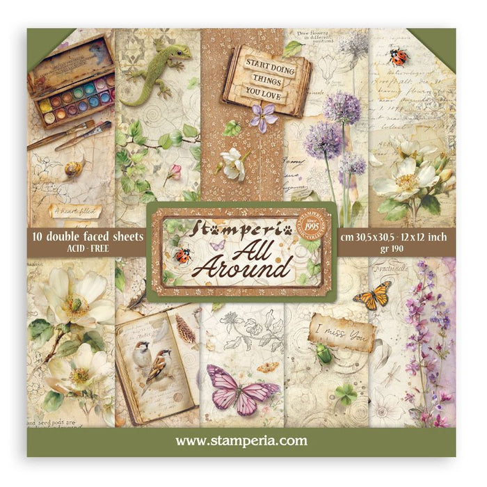 Stamperia All Around 12x12 inch paper pad cover showing previews of ten double-sided papers featuring watercolor botanical, butterfly, bird, and lizard illustrations.