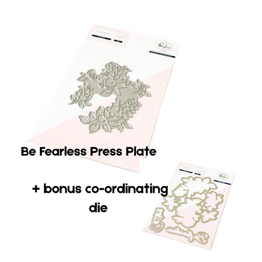 Product graphic showing the Pinkfresh Studio Be Fearless floral frame press plate alongside its matching multi-piece co-ordinating metal cutting die as a discounted clearance 