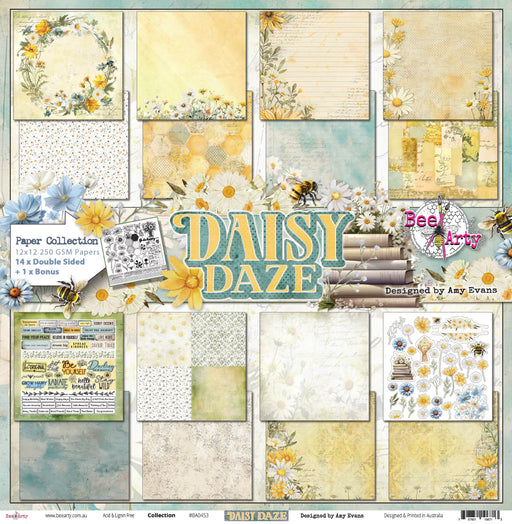 Bee Arty Daisy Daze 12x12 scrapbooking paper collection pack designed by Amy Evans featuring daisies and bees.