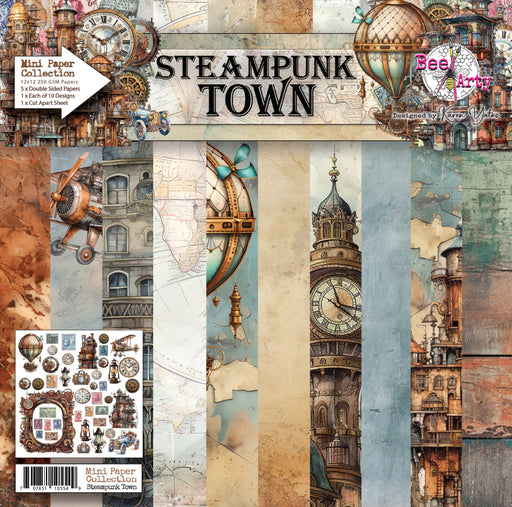 Bee Arty Steampunk Town 12x12 mini paper collection by Karen Yates featuring industrial gears, vintage airships, and Victorian clock towers.