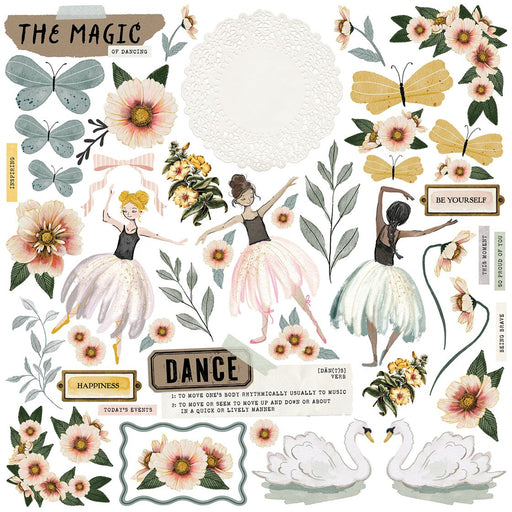 49 and Market Center Stage All-In-One Kit preview showing 12 double-sided vintage ballet and floral papers, two laser-cut cardstock sheets, and two die-cut ephemera sheets.