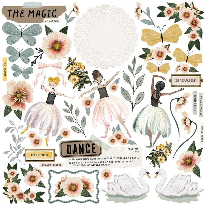 49 and Market Center Stage All-In-One Kit preview showing 12 double-sided vintage ballet and floral papers, two laser-cut cardstock sheets, and two die-cut ephemera sheets.