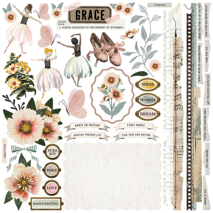 49 and Market Center Stage All-In-One Kit preview showing 12 double-sided vintage ballet and floral papers, two laser-cut cardstock sheets, and two die-cut ephemera sheets.
