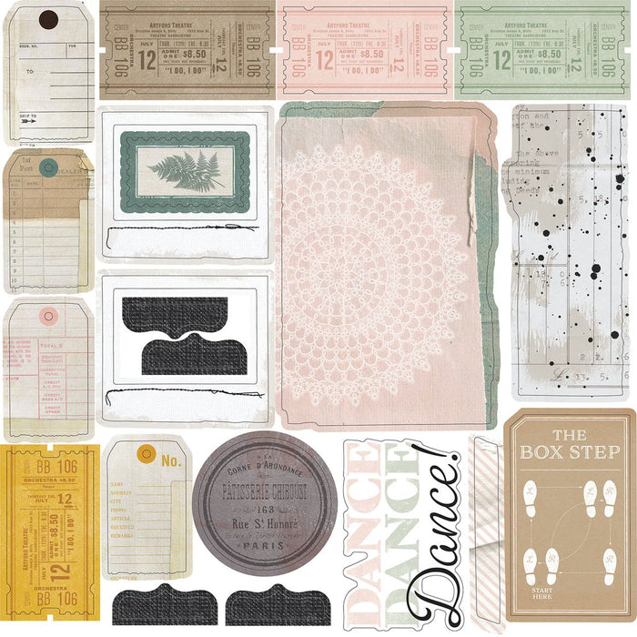 49 and Market Center Stage All-In-One Kit preview showing 12 double-sided vintage ballet and floral papers, two laser-cut cardstock sheets, and two die-cut ephemera sheets.