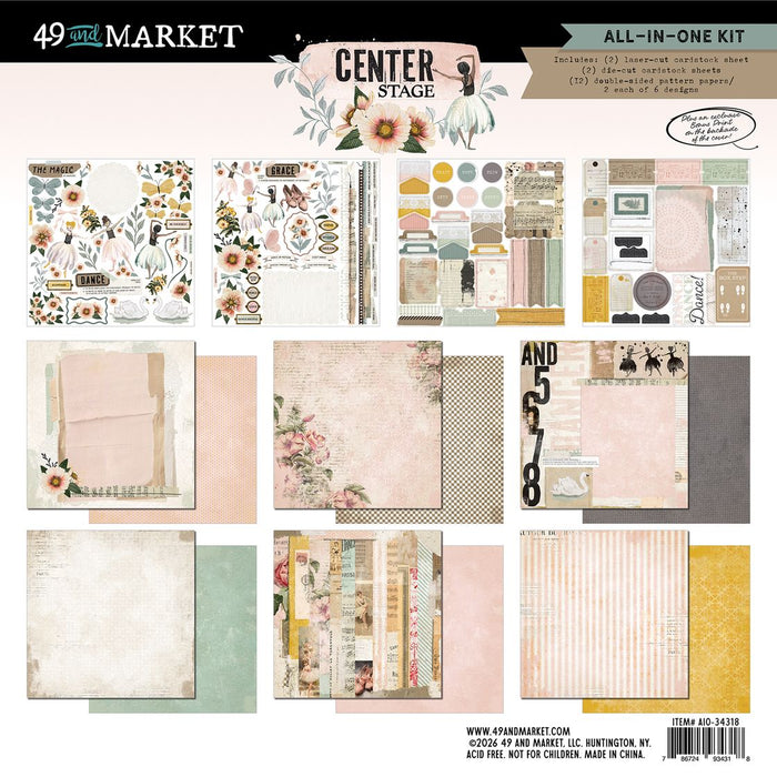 49 and Market Center Stage All-In-One Kit preview showing 12 double-sided vintage ballet and floral papers, two laser-cut cardstock sheets, and two die-cut ephemera sheets.