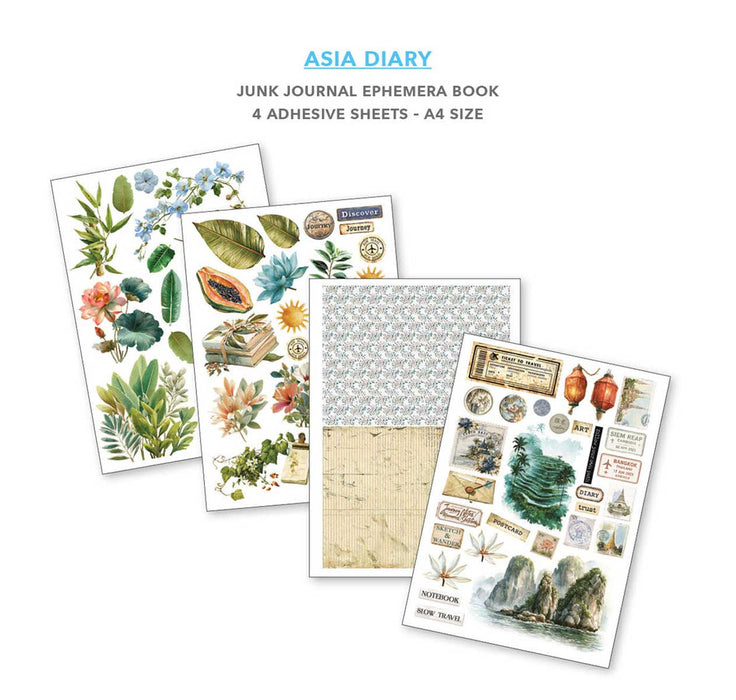 Adhesive sheets — Ciao Bella Asia Diary — 4 A4 adhesive ephemera sheets featuring botanical florals, tropical leaves, travel cutaparts, lanterns, and Asian landscape elements