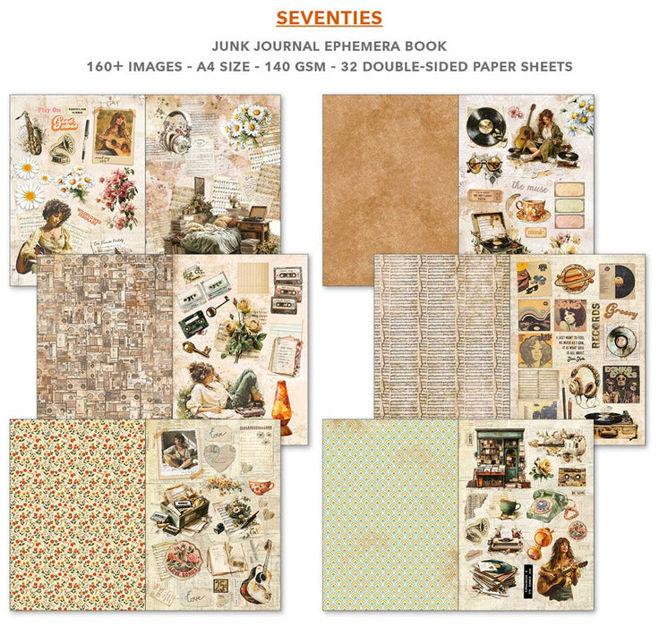 Paper sheets set 1 - Ciao Bella Seventies — selection of double-sided A4 paper sheets featuring vintage music collage, cassette tapes, vinyl records, retro florals, jukebox, and record shop scenes