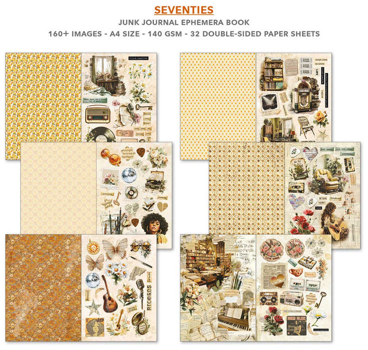 Paper sheets set 2 — Ciao Bella Seventies — double-sided A4 paper sheets with golden floral patterns, 70s music cutaparts, disco elements, butterflies, guitars, vintage bookshop, and music studio scenes