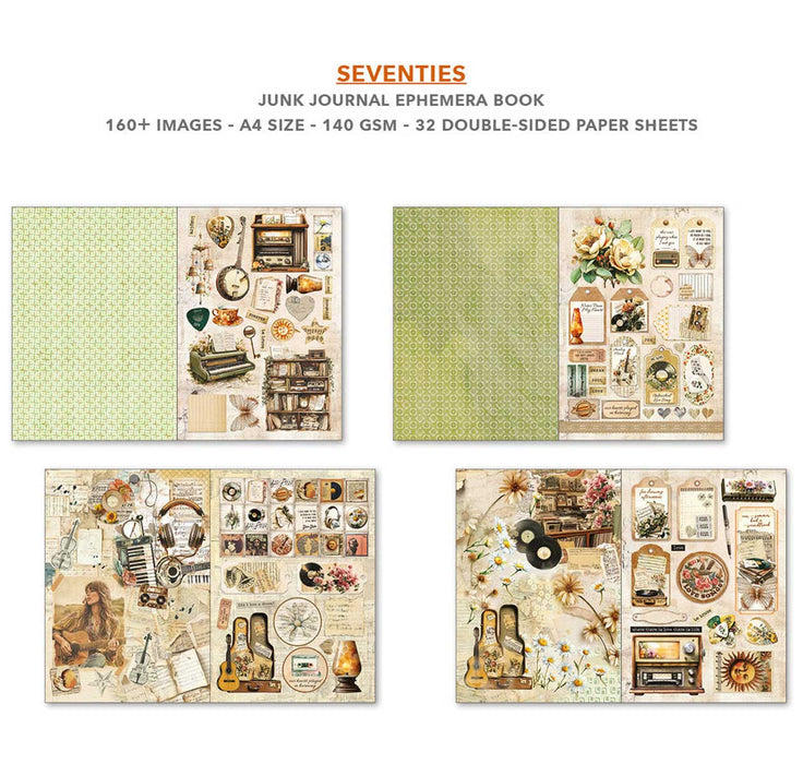 Open book spreads  — Ciao Bella Seventies — open junk journal spreads showing green patterned pages with vintage music instrument cutaparts, tag elements, vinyl records, daisies, and retro memorabilia