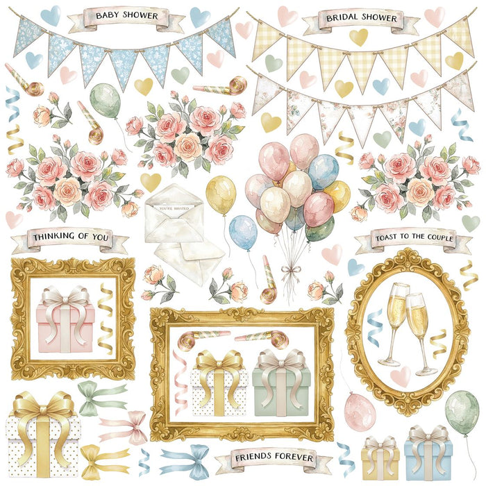 49 and Market Confetti Moments All-In-One Kit elements showing watercolor illustrations of party banners, balloons, rose bouquets, golden frames, champagne glasses, and gift boxes.