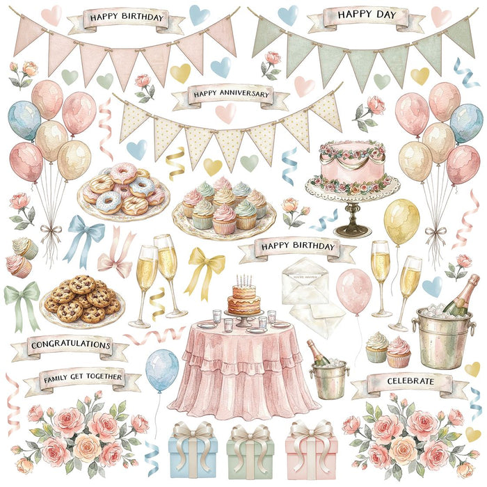 49 and Market Confetti Moments All-In-One Kit elements showing watercolor illustrations of party banners, balloons, rose bouquets, golden frames, champagne glasses, and gift boxes.