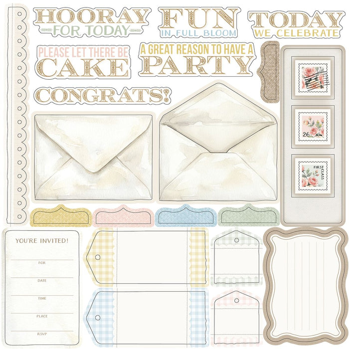 49 and Market Confetti Moments All-In-One Kit elements showing watercolor illustrations of party banners, balloons, rose bouquets, golden frames, champagne glasses, and gift boxes.