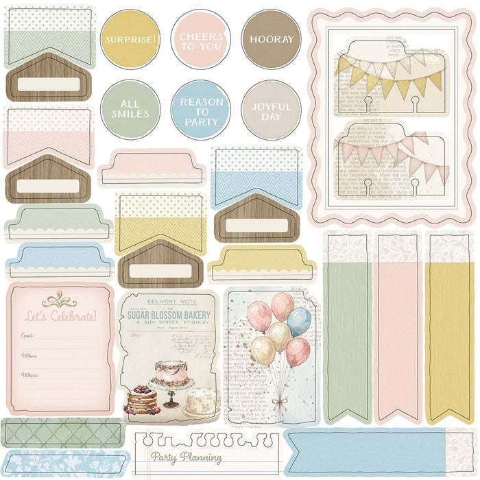 49 and Market Confetti Moments All-In-One Kit elements showing watercolor illustrations of party banners, balloons, rose bouquets, golden frames, champagne glasses, and gift boxes.